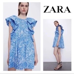 ZARA (NWT) Cotton Floral Ruffle Mini Dress in Blue/White Size M